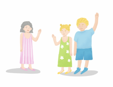 Illustration of adults and children smiling and waving