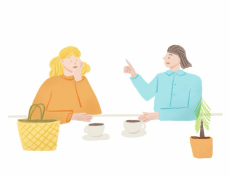 Illustration of two people having a conversation in a cafe
