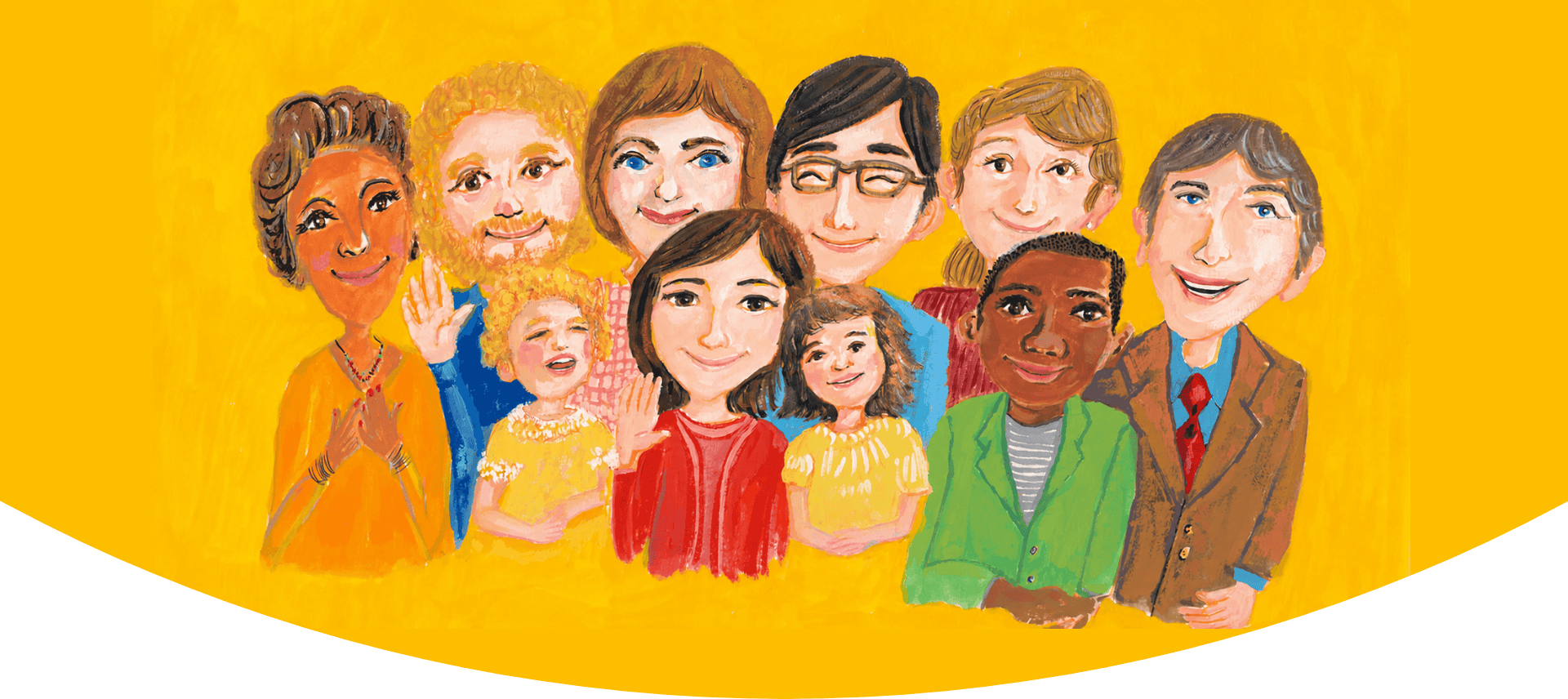 An illustration showing people of various races and generations smiling and gathering, evoking a sense of diversity and connection.