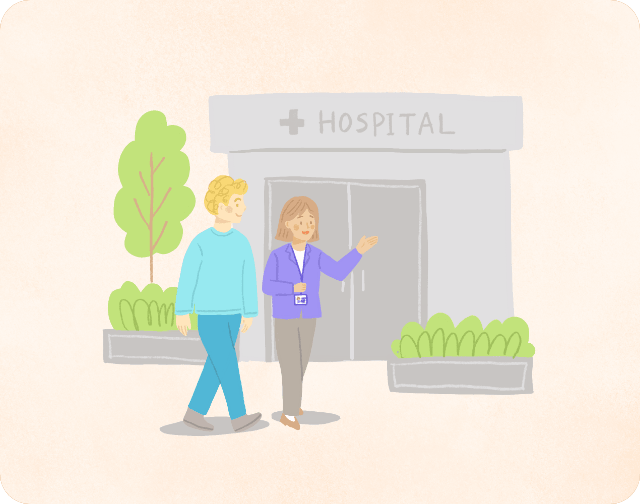 Illustration of a supporter guiding a foreigner to a hospital