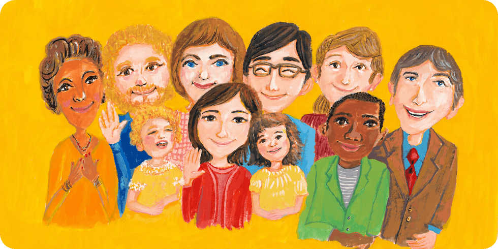 Illustration of people from various countries and age groups standing side by side with smiles