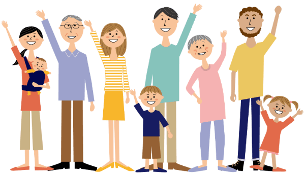An illustration of people from various generations, from children to the elderly, smiling and waving their hands
